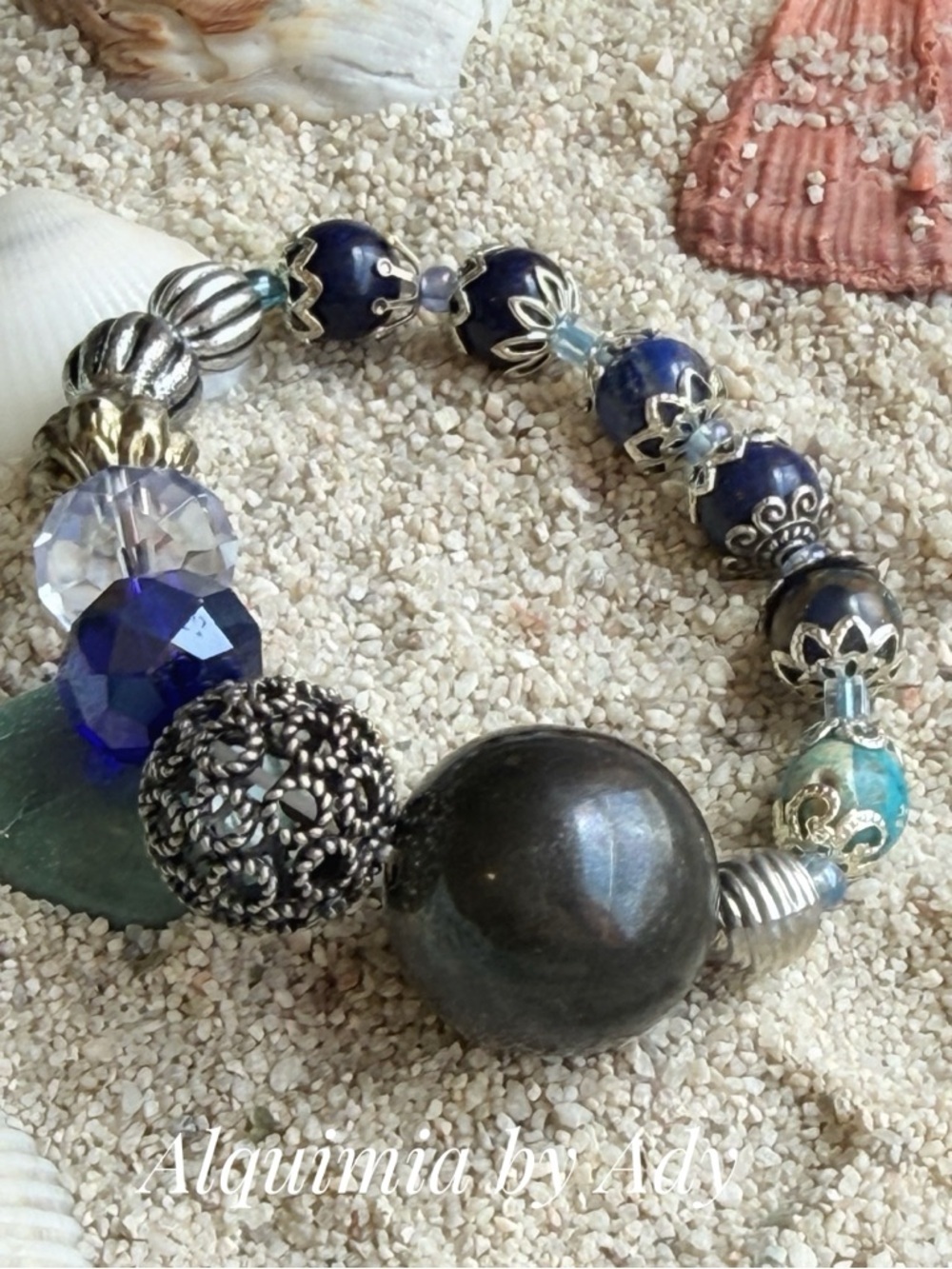 BRUTALIST Blue Lapis, Teal and Charcoal Mixed-Bead Stretch Bracelet